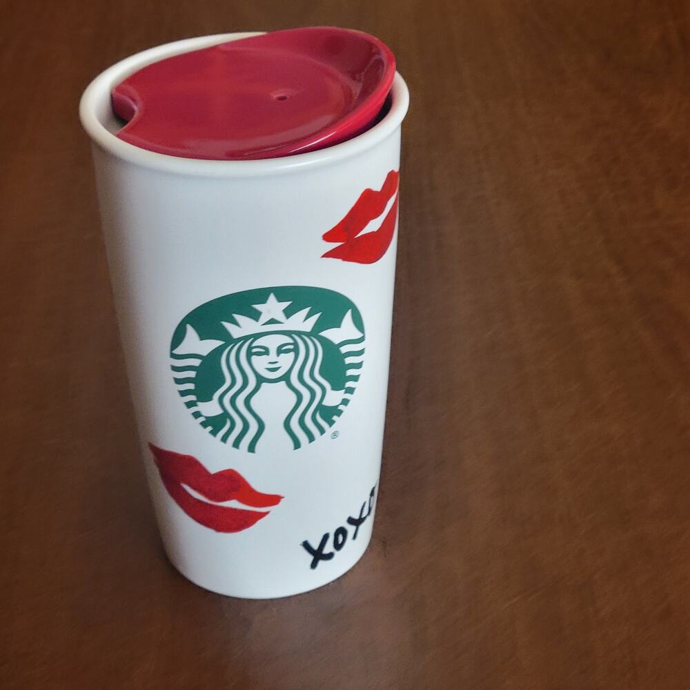 Starbucks 2015 Travel Tumbler Siren Logo XOXO Kisses Lips Coffee Mug with lid